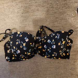 Shade & Shore Black Floral Bikini Top with Yellow Highlights